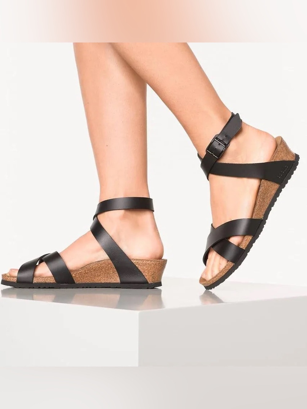 Papillio Black Leather Crisscross Ankle Strap Sandals
